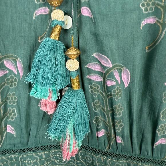 Bell by Alicia Bell Block Print Mini Dress Long Sleeve Green Tassel Tie Boho S - Picture 9 of 12